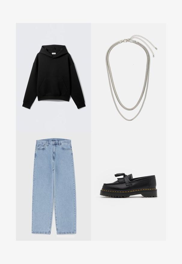 Schwarzer Kapuzenpullover aus weichem Stoff, mit einer Fronttasche und gerippten Bündchen. Lockere Passform mit klassischem Design.; Hellblaue Jeans aus Denim mit geradem Bein, ausgestattet mit einer mittelhohen Taille, fünf Taschen sowie einem Knopf- und Reißverschluss.; Schwarze Lederloafers mit einem fransenverzierten Akzent, ausgestattet mit einer robusten schwarzen Sohle und gelber Naht entlang der Kante. Texturierte Oberfläche.; Dreischichtige Halskette aus Silbermetall mit schlanken, flexiblen Ketten mit leichtem Glanz, gesichert mit einem Karabinerverschluss und verstellbarer Kette.
