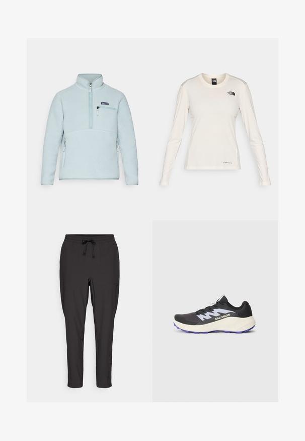 Patagonia RETRO MARSUPIAL - Camisola de lã polar - thermal blue; The North Face SHADOW LONG SLEEVE - Camisola de manga comprida - white dune; Calças de jogging pretas com uma cintura elástica, detalhe de cordão e bolsos laterais. Feitas de um tecido leve e suave.; Shoe desportivo preto com sola roxa, parte superior em malha texturizada e detalhes cinzentos em contraste. Apresenta atacadores e um logótipo em destaque de lado.