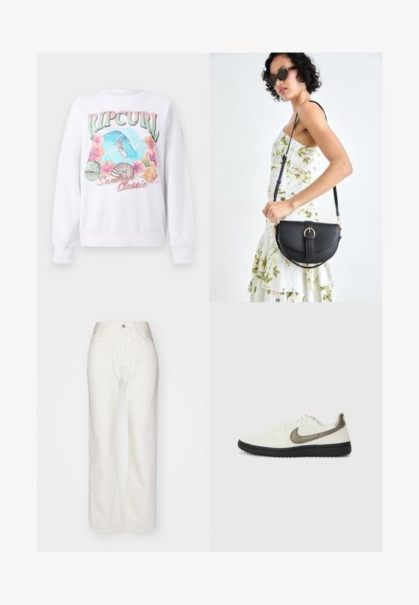 Fehér pulóver színes grafikai nyomattal, melyen a "Ripcurl" felirat található a tetején, trópusi virágok és egy szörfözős jelenet látható. Klasszikus szabású.; Fehér farmerszabás nadrág magas derékkal és bővülő fazonnal. Gombos és cipzáras záródás, övhurkok és visszafogott varrási részletek jellemzik.; Nike Sportswear FIELD GENERAL - Sportcipő - off-white/black; Fekete bőrtáska ívelt formával, levehető pánttal és arany színű fémrészekkel. A táskán egy csattal díszített fedél található.