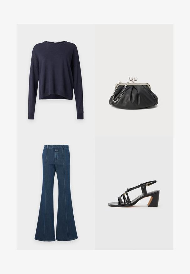 Ναυτικό μπλε πλεκτό πουλόβερ με άνετη εφαρμογή, στρογγυλή λαιμόκοψη και μακριά μανίκια. Διαθέτει ριμπ λεπτομέρειες στις μανσέτες και στο τελείωμα, ελαφρύ και υφασμάτινο ύφασμα.; Τζιν παντελόνι με φαρδιά μπάσες σε σκούρο μπλε, με δομημένες ραφές και καθαρή φινίρισμα. Διαθέτει μέση με μεσαίο ύψος και φαρδιά, ρέουσα πόδια.; Paul Smith AMIRA - Κλασικές γόβες - black; Μαύρο δερμάτινο πορτοφολάκι με μα gathered υφή, μεταλλικό πλαίσιο σε ασημί απόχρωση, κλείσιμο τύπου kiss-lock και αλυσίδα. Λείο, απαλό επιφάνεια.