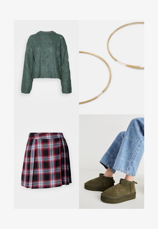 Izgriezts zaļš džemperis ar strukturētu adījuma rakstu, kurā ir viļņotas formas un ribota kakla daļa. Garas piedurknes un brīvs griezums.; Melna svītraina svārku, kas veidota ar sarkaniem, ziliem un pelēkiem pārbaudījumiem, ar krokām un plakanu jostu strukturētai formai. Mīksts auduma tekstūra.; Olīvu zaļas zamšādas potīšu zābaki ar biezu, teksturētu zoli un vilkšanas cilpu. Kombinēti ar gaiši ziliem, rotātiem džinsiem.; Zelta krāsas auskari gredzena formā, plāni un apaļi, ar gludu metāla apdari un bez rotājumiem vai zīmējumiem.