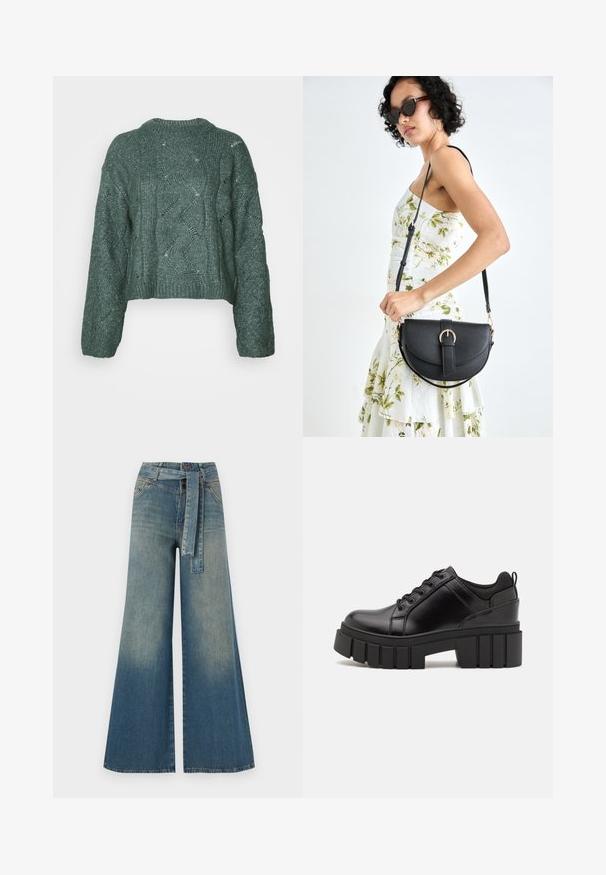Kuttet grønn genser med en strukturert strikkemønster, som har bølgete design og en ribbestrikket hals. Lange ermer og en avslappet passform.; Bredde ben jeans med en lyseblå til mørkeblå gradient, høyt liv, beltehemper og et matchende belte i samme stoff. Teksturert denimoverflate.; Svarte lærplattformsko med kraftig blokkhell, rund tå og tradisjonell snøring. Har en jevn tekstur og minimal detaljering.; Svart lærveske med en buet form, avtagbar stropp og gullbeslag. Vesken har et klaff med spenne-detall.