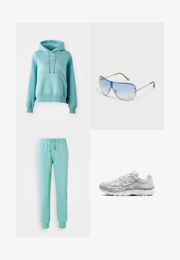 Sweatshirt capuz turquoise com bolso canguru, punhos e bainha canelados. Apresenta um pequeno logotipo branco da Nike no peito.; Calças de moletão verde menta com uma cintura elástica, cordão e punhos canelados. Apresenta um pequeno logotipo branco da Nike na coxa esquerda.; Sapatos atléticos cinza claro com parte superior em malha e sintético, apresentando um fecho de cordões, colarinho acolchoado e sola texturizada para aderência.; Óculos de sol aviador com lentes azuis em degradê, armação metálica prateada e detalhes decorativos de estrelas nas lentes. Design suave e elegante.