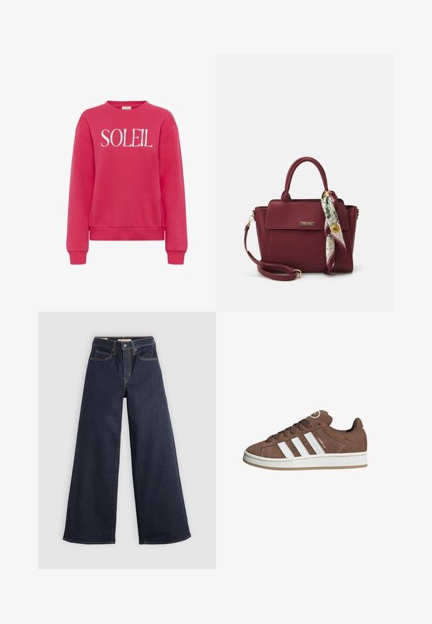 Kaffe Collegepaita - raspberry; Valkoinen pitkähihaisten nappipaidan, jossa on terävä kaulus ja kerääntyneet hihansuut, esitelty yksinkertaisella valkoisella taustalla.; Lohkot vaaleat farkut tummansinisinä, joissa on kontrastoiva ompelu. Omistaa perinteisen viiden taskun muotoilun ja napin sulkemisen vyötäröllä.; Valkoiset nahkareunat ja ruskeat samettikankaiset tennarit, joissa on kumipohja, pyöreä kärki ja nauhakiinnitys edessä. Kengissä on logo kielekkeessä ja rei'itettyjä yksityiskohtia.; Burgundy laukku, joka on valmistettu synteettisestä materiaalista ja jossa on jäsennelty muotoilu. Laukussa on irrotettava hihna ja kukkakuosisia huiveja, jotka on sidottu kahvaan.