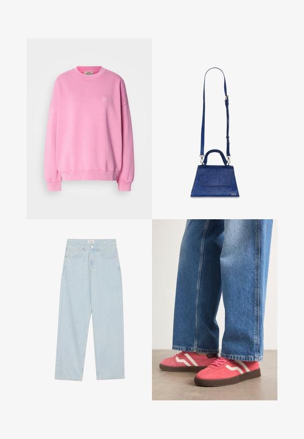 Roze sweatshirt van katoen, met een ronde hals, lange mouwen, geribbelde manchetten en een klein logo geborduurd op de borst.; Lichtblauwe wijde spijkerbroek van denim, met een middellange taille, vijf zakken en een knoopsluiting met een slanke metalen accent.; Roze suède sneakers met witte golvende strepen en bruine rubberen zolen, gecombineerd met lichtblauwe wijde denim jeans.; Blauwe neplederen handtas met een driehoekige vorm, bovenhandvat en verstelbare schouderriem. Heeft een gladde textuur en een details met een klep aan de voorkant.; Zilveren oorbellen met ringen, versierd met heldere, rechthoekige en driehoekige kristallen die in een patroon zijn gerangschikt. Met gevest voor een veilige bevestiging.