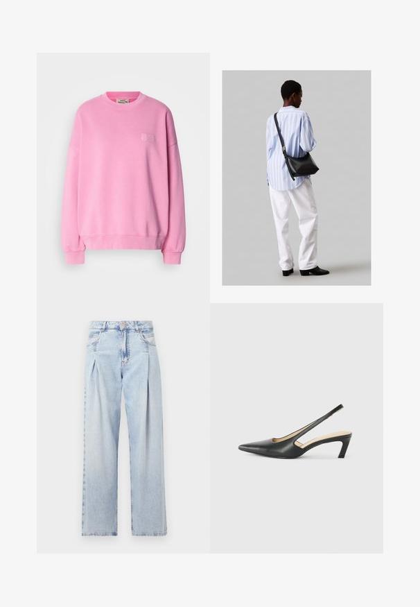 Růžová mikina vyrobená z bavlny, s kulatým výstřihem, dlouhými rukávy, žebrovanými manžetami a malým logem vyšitým na hrudi.; Světlé modré džíny z denimu s vysokým pasem, širokým střihem, dvěma bočními kapsami a nařaseným designem. Měkká textura s vybledlým povrchem.; Černý špičatý slingback s nízkým podpatkem, vyrobený z hladké kůže, s výřezem na boku pro lepší prodyšnost.; Černá kožená kabelka přes rameno s jemnou texturou, trojúhelníkovým tvarem a nastavitelným popruhem, v kombinaci se světle modrou pruhovanou košilí a bílými kalhotami.