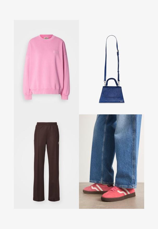 Roza pulover iz bombaža, z okroglim izrezom, dolgimi rokavi, rebrastimi manšetami in majhnim izvezenim logotipom na prsih.; Rjave športne hlače z elastičnim pasom, dvema stranskima žepoma in majhnim logotipom na levi strani, izdelane iz mehke tkanine.; Roze semiš tene z belimi valovitimi črtami in rjavimi gumijastimi podplati, v kompletu s svetlo modrimi širokimi kavbojkami.; Modra torbica iz umetnega usnja s trokutasto obliko, zgornjim ročajem in nastavljivim naramnim trakom. Ima gladko teksturo in detajle na sprednjem pokrovu.