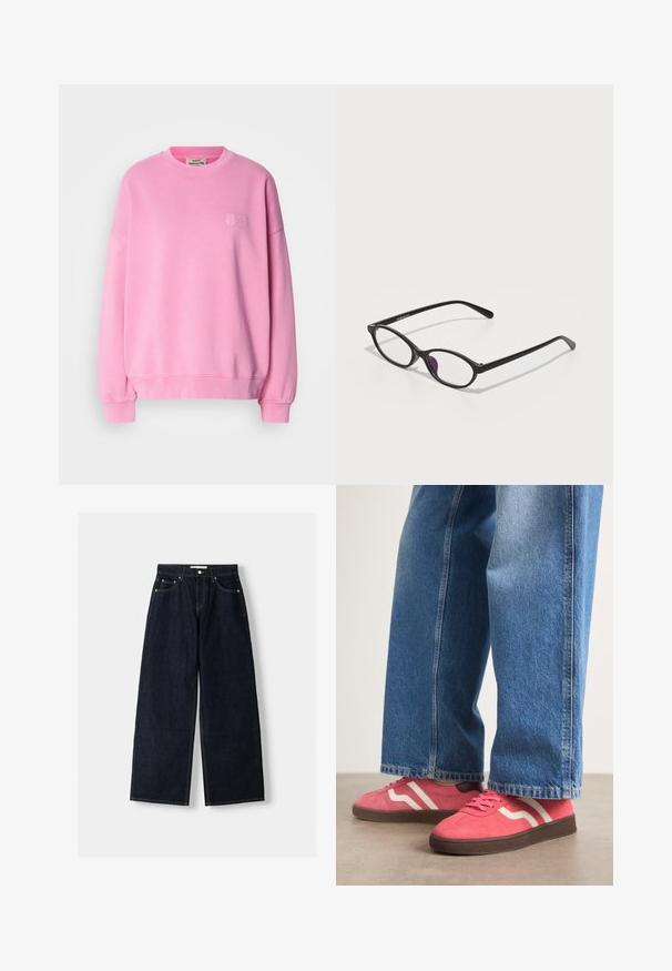 Roze sweatshirt van katoen, met een ronde hals, lange mouwen, geribbelde manchetten en een klein logo geborduurd op de borst.; Donkerblauwe denim wijduitlopende jeans met een hoge taille, vijf zakken, contrasterende stiksels en zilveren metalen hardware. Gladde textuur en een nette afwerking.; Roze suède sneakers met witte golvende strepen en bruine rubberen zolen, gecombineerd met lichtblauwe wijde denim jeans.; Zwarte kunststof brillen met een ovale vorm, voorzien van heldere lenzen en een paarse accent op de linkerlens. Strak, minimalistisch ontwerp.; Blauwe neplederen handtas met een driehoekige vorm, bovenhandvat en verstelbare schouderriem. Heeft een gladde textuur en een details met een klep aan de voorkant.