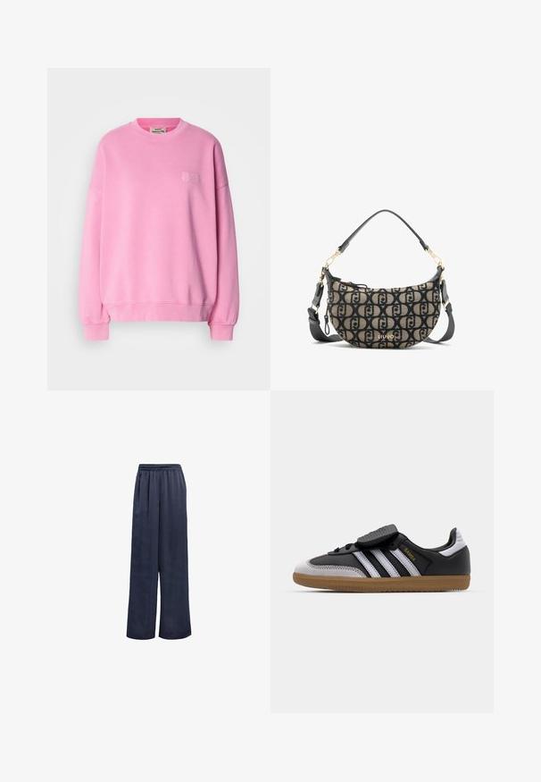 Roosa puuvillane dressipluus, millel on ümar kaelus, pikad varrukad, soonikkoes äärised ja rinnal on väike tikitud logo.; Tumed laiad püksid, mis on valmistatud siledast kangast, elastse vöökohaga ja ilma nähtava metallist detailita. Omavad vaba lõikega ja täispikkust.; Must musta ja halli suede tennisekad valgete triipudega, kummist kummitallaga, paelaga esiosaga ja Velcro rihmaga. Omab kuldset "Samba" brändi.; Pruun ja must kangaskott õlgadel poolkuu kujuga, millel on korduv logomuster, kuldne riistvara ja eemaldatav rihm.