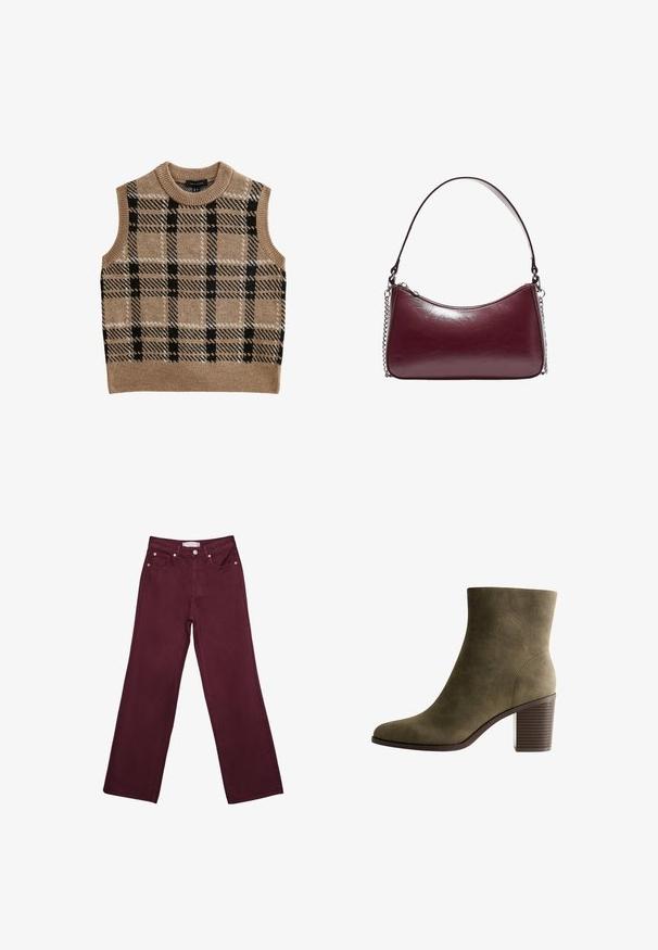 Tan knitted vest with a round neck, featuring a black and white check pattern, sleeveless design, and ribbed hem detail.; Burgundy high-waisted jeans with straight leg design, featuring front pockets, a button closure, and copper-tone hardware accents.; Olive green suede ankle boot with a round toe, a tapered silhouette, and a stacked heel featuring horizontal grooves.; Burgundy leather handbag with a curved shape, zip closure, and a chain-accented strap. Smooth texture with slight gloss.