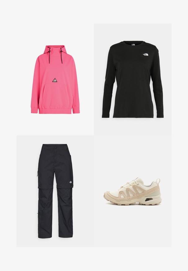 Maglione giacca rosa con cappuccio, dotato di tasca anteriore, polsini elasticizzati e cordini. Include una toppa a forma triangolare sul davanti.; T-shirt nera a maniche lunghe in cotone con colletto rotondo. Presenta un piccolo logo bianco sul lato sinistro del petto. Design semplice e vestibilità comoda.; Pantaloni cargo in nylon nero con zip rimovibile, polsini regolabili, molteplici tasche e un logo sulla gamba destra. Tessuto liscio e leggero.; Scarpa atletica beige e crema con tomaia in mesh testurizzato, sovrapposizioni supportive e suola in gomma con un motivo a tasselli per la trazione.