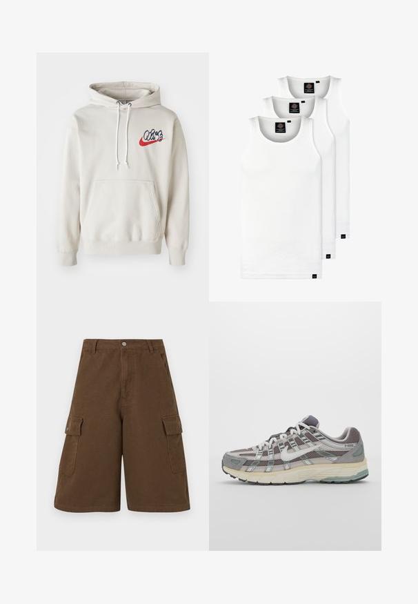 Krémová mikina s kapucí, která má přední kapsu a bílé šňůrky, s stylizovaným logem "Air" v modré a červené barvě na hrudi.; Tři bílé žebrované tílka vyrobené z bavlny. Mají kulatý výstřih a malé černé štítky poblíž lemu. Dostupné v několika velikostech.; Hnědé cargo šortky se rovný střihem, dvěma bočními kapsami a předním zapínáním na knoflík. Vyrobené z odolné bavlněné tkaniny s matným povrchem.; Šedá sportovní obuv s vrchní částí z mikrovlákna a semiše, bílými akcenty, polstrovanou podrážkou a jedinečným designem s reflexními prvky.