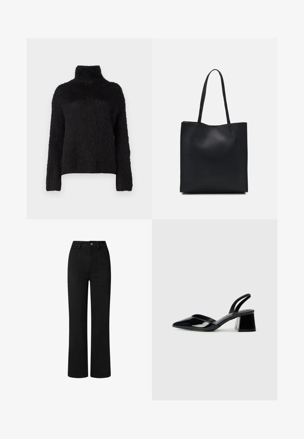 MSCH Copenhagen ANNALISA - Pulover - black; Črne, hlače z visoko pasom in ravnim krojem, izdelane iz gladkega bombažnega blaga. Značilnosti vključujejo sprednje žepe in preprost kovinski gumb za zapiranje.; Črne lakirane slingback pete s koničastim nosom in geometrijsko blokasto peto. Imajo eleganten, minimalističen dizajn in gladko teksturo.; Črna usnjena torba s svilnato teksturo, pravokotne oblike in dvema dolgima ročajema. Brez vidnih metalnih delov ali okrasnih elementov.