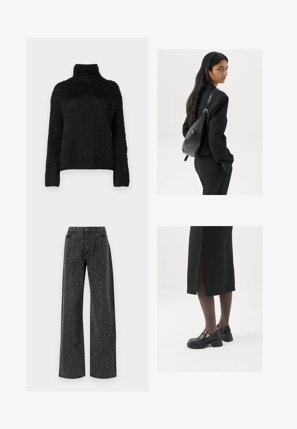 MSCH Copenhagen ANNALISA  - Džemper - black; Noisy May NMJANNEL LOOSE - Avar lõikega teksad - black denim; Mustad mustad jalatsid ümmarguse varbaga, paksu plokkniidi ja elastsete külgdetailidega, kombineeritud tumedate sukkade ja musta lõhikuga seelikuga.; Pikkade tumehaired naine mustas ülikonnas, kandes musta nahast õlakotti, vaatab üle õla valge tausta taustal.; Hõbedased rõngastikkaehingad minimalistlikus disainis. Ümar kuju, sile tekstuur ja õhuke profiil. Kerged ning poleeritud viimistlusega.