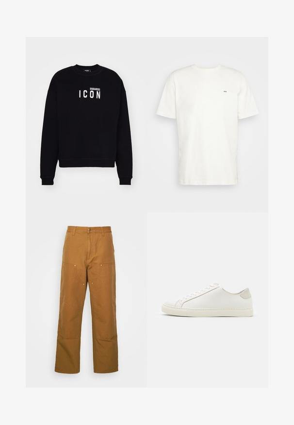 Black sweatshirt made of soft fabric. Features a crew neckline and long sleeves. Centered white logo text "DSQUARED2 ICON." Classic fit.; White cotton t-shirt with crew neckline, short sleeves, and a small black "W.W." logo on the left chest. Smooth texture, regular fit.; Brown cotton utility pants with a straight leg design, featuring front pockets and metal hardware accents for added durability.; White leather sneaker with a smooth surface, round toe, and minimalistic design. Features beige accents on the heel and a rubber sole.