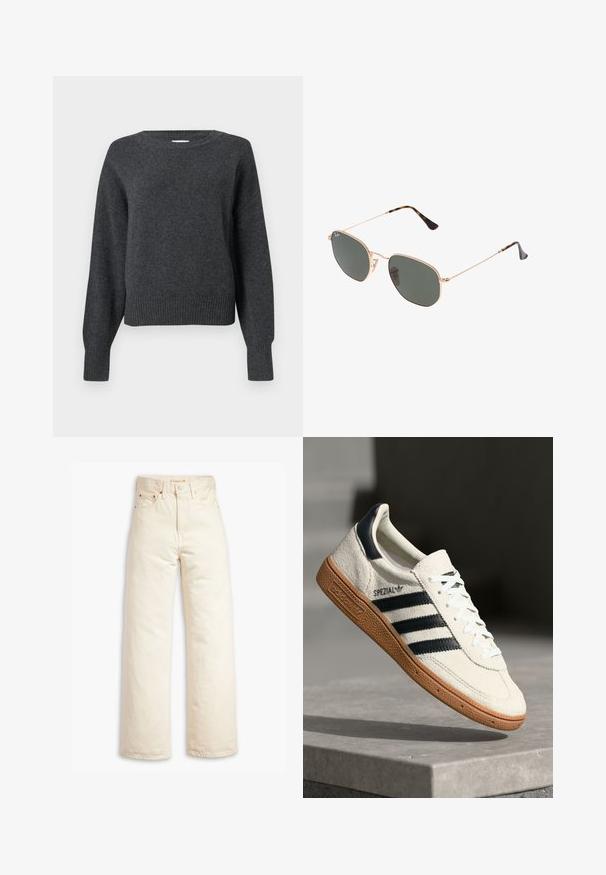 Maglione a maglia grigio scuro con scollo rotondo, spalle scese e polsini e orlo a coste. Texture morbida e vestibilità leggermente corta.; Jeans beige a gamba larga realizzati in denim di cotone. Presentano un alto righello, chiusura con bottone e design a cinque tasche. Texture liscia e resistente.; Sneaker bianca in suede con strisce blu navy, suola in gomma, parte superiore testurizzata, punta rotonda e lacci; presenta un marchio sul lato e sulla linguetta.; Occhiali da sole con montatura in metallo dorato e lenti verde scuro, stile aviator, con aste sottili e dettagli in tartaruga sulle punte.; Borsa nera in similpelle trapuntata con tracolla a catena, caratterizzata da un motivo esagonale e un dettaglio decorativo a forma di ala sulla parte frontale.