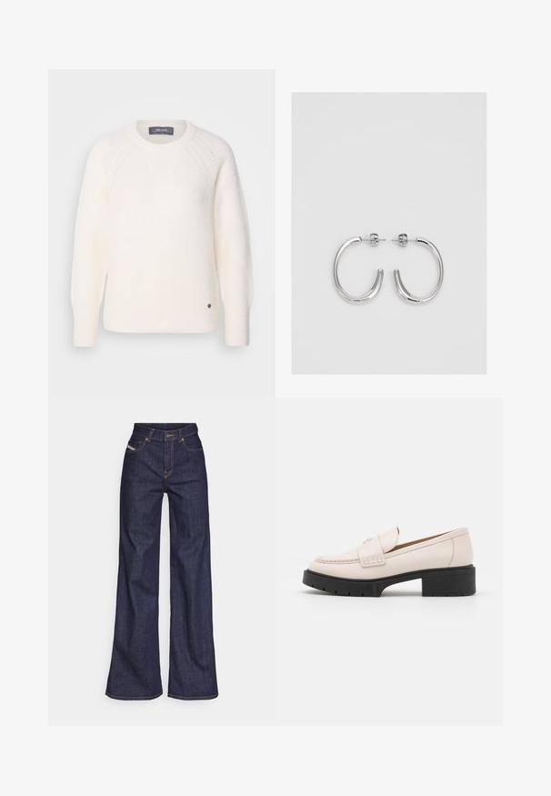 Mos Mosh TAMMY THORA - Strickpullover - ecru; Dunkelblaue weite Jeans aus Denimstoff mit hoher Taille, ausgestattet mit orangefarbenen Nähten, fünf Taschen und einem Knopfverschluss.; Hellebeige Lederloafers mit einer gesteppten Vorderseite und einem strukturierten schwarzen Plateauabsatz. Merkmale ein geschwungenes Design und eine leichte Erhöhung.; Silberne Creolen mit einer glatten, glänzenden Oberfläche. Abgerundete Form, leichtes Design, mit einer Steckverschluss.