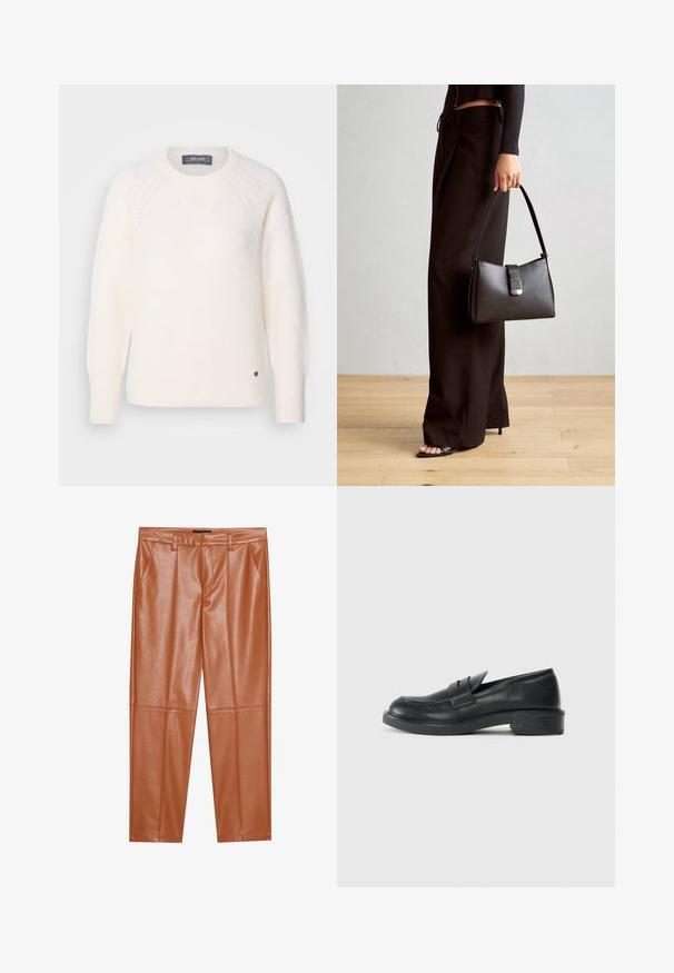 Mos Mosh TAMMY THORA - Strickpullover - ecru; Braune Kunstlederhosen mit tailliertem Schnitt, versehen mit vorderen Falten und geraden Beinen. Glatte Textur ohne sichtbare Hardware oder Akzente.; Schwarze Lederloafers mit abgerundetem Zehenbereich, genähten Details und kleinem Absatz. Glatte Textur und eine flexible Gummisohle.; Schwarze Handtasche mit strukturierter Form, glatter Textur und einem metallischen Verschluss. Kombiniert mit weiten schwarzen Hosen und offenen Sandalen auf einem Holzboden.