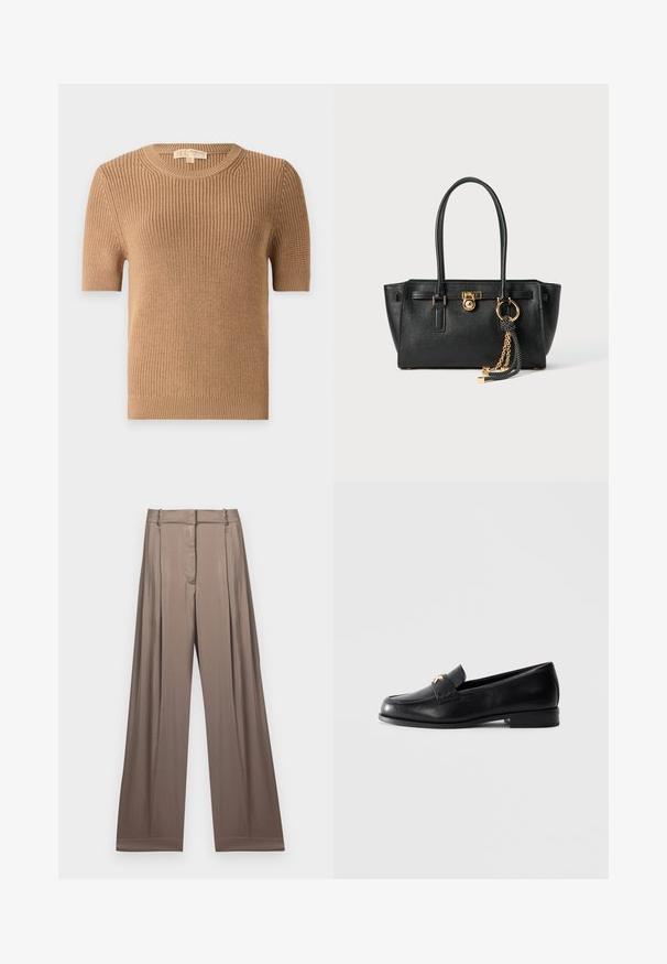 Kurzärmeliger, runder Pullover aus ribbeligem Strickstoff in Beige. Hat eine figurbetonte Form und eine weiche Textur mit leichtem Elastik am Saum und an den Bündchen.; Weißes, kurzes T-Shirt aus Baumwolle mit kurzen Ärmeln und dem aufgestickten "MICHAEL KORS"-Logo in passendem Schriftzug auf der Vorderseite.; Weite Hosen in einem gedeckten Taupe-Ton, aus glattem Stoff mit satinartiger Oberfläche. Mit einem taillierten Bund und dezenten Falten.; Schwarze Lederloafers mit flachem Absatz und goldenem dekorativem Emblem auf dem Riemen, präsentiert auf einem schlichten hellgrauen Hintergrund.; Schwarze Lederhandtasche mit doppelten Griffen, goldfarbener Verschluss- und Kettendetails sowie einem schwarz-weißen Quastenaccessoire vor weißem Hintergrund.