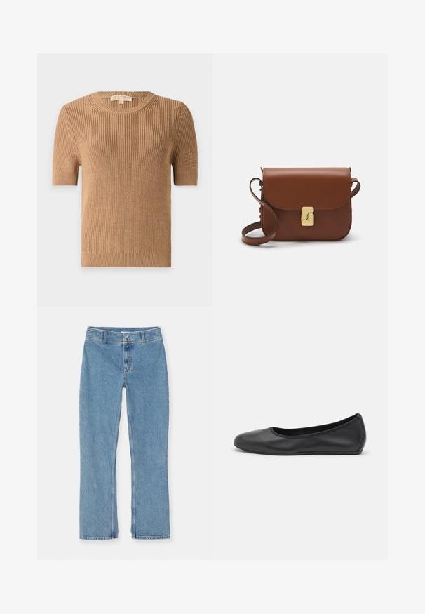 Lühikese varrukaga, ümmarguse kaelusega kampsun tan värvi ribakanga materjalist. Omab kitsast lõiget ja pehmet tekstuuri, kergete elastsete detailidega allääres ja varrukate otstes.; Valge lühikeste varrukatega T-särk ribatud kangast. Ümara kaelusega, tavalisest sobivusest ja peente õmbluse detailidega. Ilma mustrite või graafikateta.; Heledad hall sinise sirge jala teksapüksid, nööbi ja luku sulgemisega, vöörihmadega ja standardõmblustega valgel taustal.; Musthave mustika tantsutossud mustast nahast, ümmarguse varbaga, siledast tekstuurist, minimaalse õmblusdetailiga ja paindliku tallakujundusega.; Pruunist nahast käekott, millel on klapiga sulgur, kuldne riistvara, õlarihm ja sile tekstuur. Kompaktne ristkülikukujuline vorm.