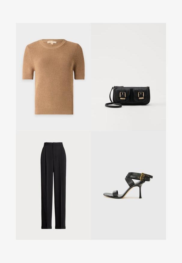 Svetr s krátkým rukávem a kulatým výstřihem ve světlé barvě z žebrované pleteniny. Má přiléhavý tvar a měkkou texturu s lehkým elastickým lemem na spodním okraji a manžetách.; Černé elegantní kalhoty s vysokým pasem, zdobené sklady vpředu, rovný střih nohavic a cuffed lem. Vyrobeno z hladké látky.; Černé sandály na podpatku s kříženými popruhy a nastavitelnou sponou. Mají hladký povrch a špičatý stiletto podpatek.; Černá kožená crossbody taška se dvěma předními kapsami, zlatými přezkami, zipovým uzávěrem a štíhlým popruhem. Texturovaný povrch a kompaktní obdélníkový tvar.