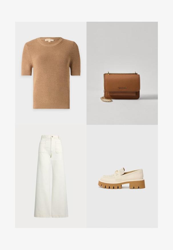 Svetr s krátkým rukávem a kulatým výstřihem ve světlé barvě z žebrované pleteniny. Má přiléhavý tvar a měkkou texturu s lehkým elastickým lemem na spodním okraji a manžetách.; Džíny s širokými nohavicemi v off-white denim. Vysoký pas s knoflíkovým zapínáním, dvě přední kapsy a detaily kontrastního šití.; Béžové mokasíny s texturovaným smetanovým páskem, které mají robustní hnědou podrážku s vzory připomínajícími zuby. Zlatý detail na sponě.; Hnědá texturovaná kožená kabelka přes rameno se zlatým řetízkovým popruhem a klopnovým uzavíráním. Přední strana obsahuje detail loga a kapsu pod klopou.