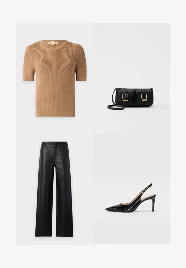 Lühikese varrukaga, ümmarguse kaelusega kampsun tan värvi ribakanga materjalist. Omab kitsast lõiget ja pehmet tekstuuri, kergete elastsete detailidega allääres ja varrukate otstes.; Laiad mustad nahkpüksid siledast tekstuurist, esi-taskute, nööbiga sulgemise ja peente õmblusdetailidega.; Must hõbedavärvi patendiga slingback kontsakingad terava varbaga, kitsas konts ja peene lõikega disain. Statistika on kuldne pandla rihmal.; Must küllastamata nahast õlakott, millel on kaks esist nähtavat taskut, kuldsed pandlad, tõmblukuga sulgemine ja peen rihm. Tekstuuriga pind ja kompaktne ristkülikukujuline kuju.