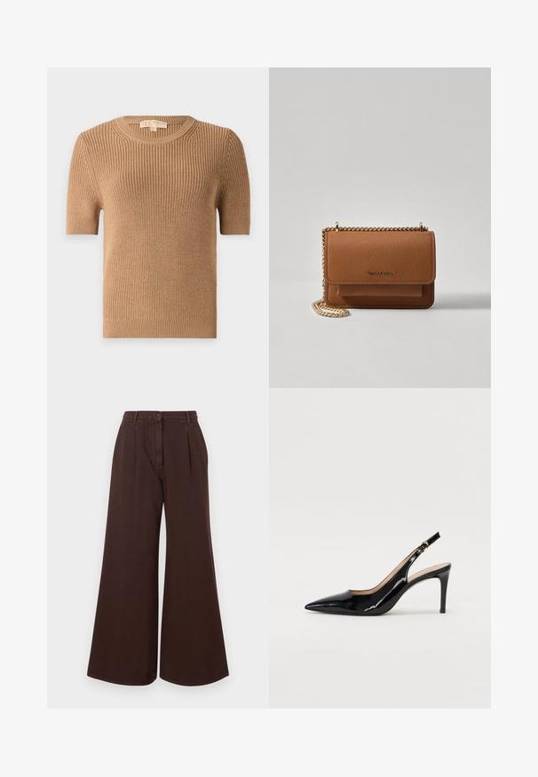 Pull à manches courtes, col rond, en tissu tricoté côtelé beige. Présente une coupe ajustée et une texture douce avec un léger élastique à l'ourlet et aux poignets.; Pantalons marron à taille haute et jambes larges avec fermeture à bouton et zipper, passants de ceinture et plis sur le devant.; Pompe slingback en cuir verni noir avec un bout pointu, un talon fin et un design de découpes subtil. Elle dispose d'une boucle dorée sur la sangle.; Sac en cuir texturé marron en bandoulière avec une sangle en chaîne dorée et une fermeture à rabat. L'avant présente un détail de logo et une poche sous le rabat.