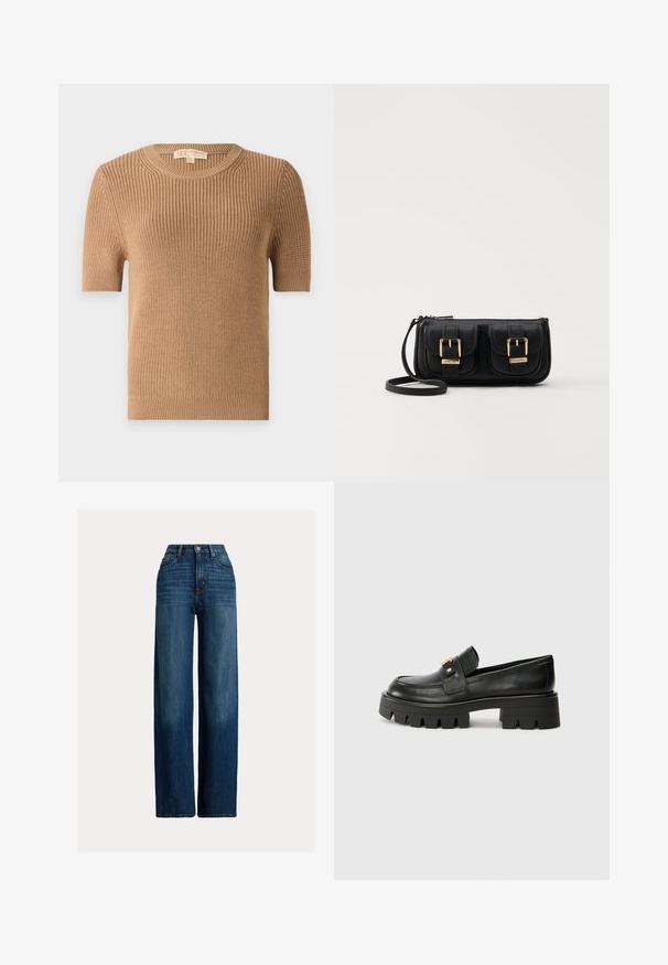 Kortärmad, crew-neck tröja i en beige ribbad stickad kvalitet. Har en figurnära passform och mjuk textur med lätt resår i nederkant och ärmslut.; Breda ben denimjeans i mörkblått. Har hög midja, knappstängning och klassisk femfickdesign. Slät textur med subtil blekning.; Svarta läderloafers med en kraftig sula, som har en guldtonad detalj på framsidan och en slät yta. Kraftig mönstring på sulan.; Svart läderaxelväska med två framfickor, guldspännen, dragkedjestängning och en smal rem. Texturerad yta och kompakt rektangulär form.