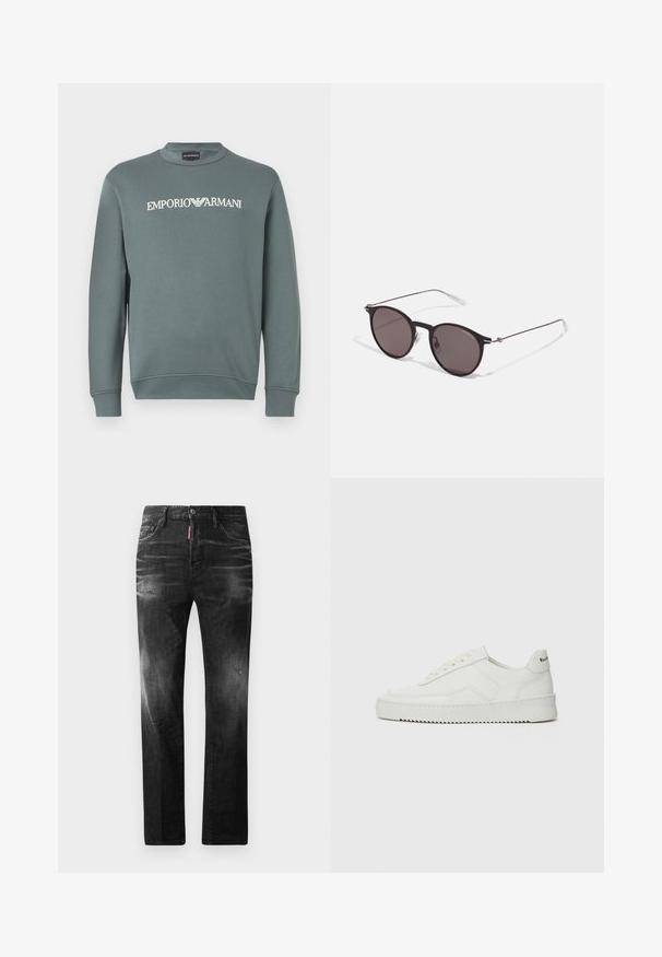 Zeleni pamukasti dukseric s kružnim izrezom i dugim rukavima, sa logotipom "EMPORIO ARMANI" otisnutim u bijeloj boji preko prsnog dijela.; Crne traperice od denima ravnog kroja. Imaju izbljedjela područja, male oštećenja, klasičan dizajn s pet džepova i kopčanje na dugme.; Bijele kožne tenisice s glatkom površinom, okruglim vrhom, ravnim vezicama i teksturiranom potplatom. Imaju suptilan logo na peti.; Crne okrugle sunčane naočale s tamnim staklima i tankim metalnim ručkama. Uključuju prozirne vrhove ručki i srebrne naglaske na šarkama. Minimalistički dizajn.