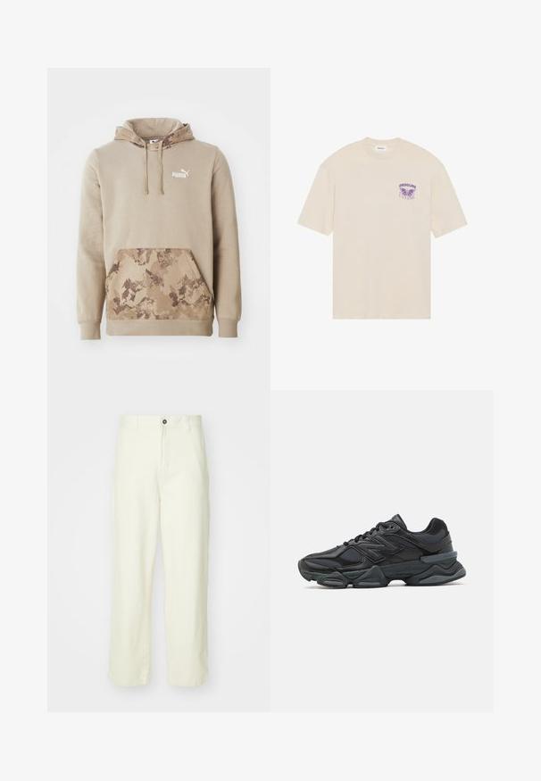Sweatshirt beige avec capuche et poche kangourou à l'avant. La poche présente un motif camouflage marron. Logo blanc sur la poitrine. Tissu doux.; T-shirt en coton beige avec un graphique de papillon violet et le mot "OBSCURE" sur la zone de la poitrine gauche, manches courtes et encolure arrondie.; Pantalons en coton jaune clair avec une coupe droite, présentant une fermeture à bouton à l'avant, des passants de ceinture et un design épuré et minimaliste.; Chaussure de course noire mettant en avant un mélange de mesh et de matériaux synthétiques, avec une semelle épaisse, un design arrondi et un logo bien visible sur le côté.