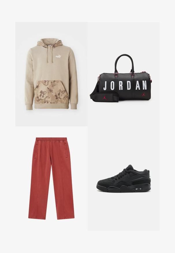 Beige Kapuzenpullover mit Frontkangurutasche. Die Tasche hat ein braunes Camouflage-Muster. Weißes Logo auf der Brust. Weicher Stoff.; Rostfarbene weite Hosen aus weichem Stoff, mit Seitentaschen und einem strukturierten Bund für zusätzlichen Komfort.; Jordan AIR JORDAN 4 UNISEX - Sneaker low - black/white; Jordan JUMPMAN DUFFLE UNISEX - Sporttasche - black/white; Schwarzer Rucksack aus Nylon mit einem weißen Jumpman-Logo, mehreren Reißverschlussfächern und einem roten Zipper mit "JORDAN"-Text.