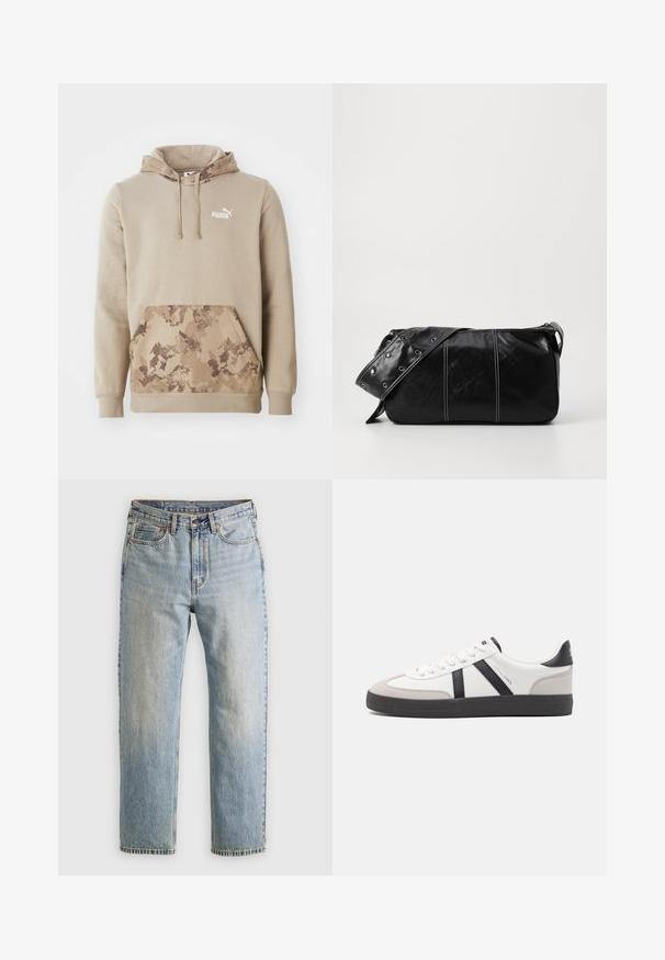 Beige Kapuzenpullover mit Frontkangurutasche. Die Tasche hat ein braunes Camouflage-Muster. Weißes Logo auf der Brust. Weicher Stoff.; Helle blaue Jeans mit hoher Taille, Frontknopf, Reißverschluss und fünf Taschen-Design, flach auf einem neutralen Hintergrund ausgelegt.; Weiße Sneaker mit schwarz- und grau-aczenten, ausgestattet mit einer strukturierten grauen Zehenkappe, schwarzer Gummi-Sohle und flachen weißen Schnürsenkeln. Sauberes Design, minimalistische Stil.; Schwarze Leder Schultertasche mit Reißverschluss, ausgestattet mit einer strukturierten Oberfläche, weißen Nähten und einem Tragegurt mit silbernen Ösen.