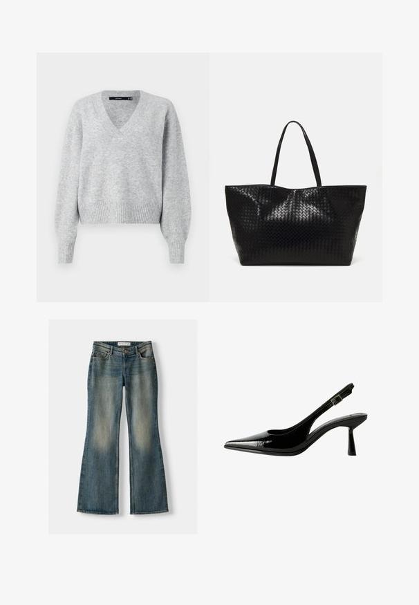 Pulover tricotat gri, cu decolteu în V, mâneci lungi tip puff și tiv dantelat. Textură moale, cu un fit ușor lejer, ideal pentru a fi purtat în straturi.; Jeans evazați albaștri cu o spălare decolorată, cinci buzunare și închidere cu nasture. Materialul arată o textură de denim cu detalii de cusătură subtile.; Pantofi cu toc slingback din piele patent neagră, cu vârf ascuțit, laterale decupate, curea la gleznă ajustabilă și toc subțire, elegant.; Geantă de umăr țesută neagră, cu două mânere rezistente, având o textură lucioasă și un design deschis, spațios la partea superioară.