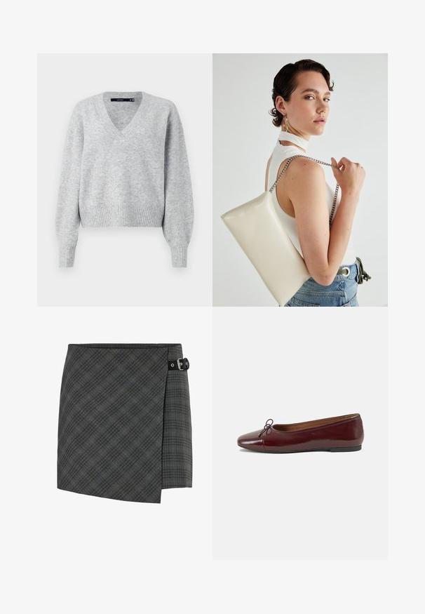 Gray knitted sweater with a V-neck, long puff sleeves, and ribbed hem. Soft texture with a slightly loose fit, ideal for layering.; Dark gray plaid wool wrap skirt with black buckle detail on the right side, straight hem, and subtle diagonal lines pattern.; Burgundy patent leather ballet flat with a rounded toe, small bow accent at the front, and a low, black rubber sole. Smooth texture.; White rectangular clutch bag made of glossy material, featuring a silver chain strap. Model poses, showcasing the bag against a plain background.