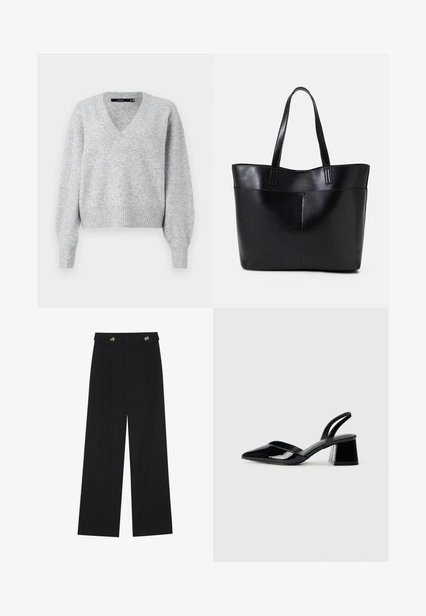 Grå strikket genser med V-hals, lange pufferm og ribbestrikket kant. Myk tekstur med en litt løs passform, ideell for lagdeling.; Svart vide bukser med høy midje, knappdetaljer på midjebåndet og frontplisser.; Svarte patentlær slingback hæler med spiss tå og geometrisk blokk hæl. Har et stilrent, minimalistisk design og jevn tekstur.; Svart lær toteveske med to lange håndtak, en glatt tekstur og en strukturert form. Har en frontlomme for ekstra oppbevaring.