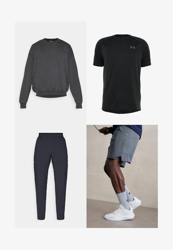 Σκούρο γκρι φούτερ με στρογγυλή λαιμόκοψη, χαμηλωμένους ώμους και ριμπ μανίκια. Διαθέτει ένα λεπτό λογότυπο μπροστά, απαλή υφή.; Μαύρο αθλητικό μπλουζάκι κοντό μανίκι, φτιαγμένο από μαλακό, ελαφρύ ύφασμα. Διαθέτει στρογγυλή λαιμόκοψη και διακριτικό λογότυπο στο στήθος.; Μαύρο αθλητικό παντελόνι με λεία υφή, στενή εφαρμογή, ελαστική μέση και πλαϊνές τσέπες. Διαθέτει ένα μικρό λογότυπο στον αριστερό μηρό.; Λευκά αθλητικά παπούτσια με υφασμάτινη επένδυση από πλέγμα, συνδυασμένα με ανοιχτό μπλε σόκες με ρίγες και λογότυπο. Γκρι αθλητικές βερμούδες με περιμετρική τρύπα.
