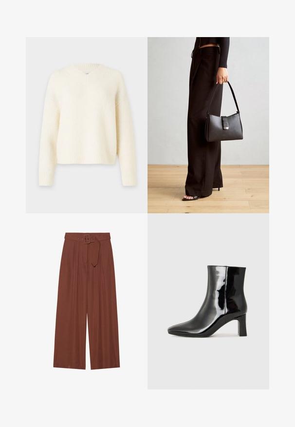 Kréma barve oversized pulover s V-izrezom, rebrastimi manšetami in robom. Narejen iz mehkega, teksturiranega pletenega blaga. Ohlapen kroj z spuščenimi rameni.; Široke hlače iz rjavega blaga, ki vključujejo pas s kvadratno zaponko, nabran dizajn in gladko teksturo.; Črne lakirane gležnjarje z ošiljenim nosom in srednje visokim blokastim peto. Gladka tekstura in minimalističen dizajn.; Črna torbica z strukturirano obliko, gladko teksturo in kovinskim zaponko. Ujemajo se z širokimi črnimi hlačami in odprtimi sandali na lesenem tleh.