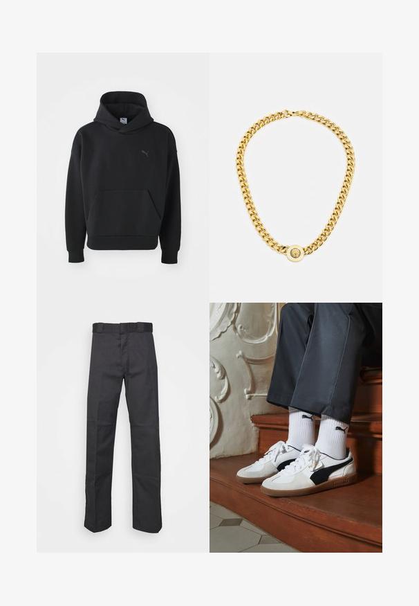 Schwarzer Kapuzenpullover aus weichem Material, mit einer Fronttasche und einem dezenten Puma-Logo in Grau auf der Brust. Lässiges Design mit gerippten Bündchen.; Schwarze Hose aus strapazierfähigem Material, mit geradem Bein, einem Bund mit Gürtelschlaufen und Nähten für zusätzlichen Textur.; Puma-Sneaker aus weißem und schwarzem Wildleder mit einer braunen Gummisohle. Kombiniert mit weißen Socken, die ein schwarzes Logo zeigen, getragen zu dunklen Hosen.; Goldene Kettenhalskette mit großen miteinander verbundenen Gliedern, mit einem kreisförmigen Anhänger in der Mitte, der ein erhabenes Emblem zeigt.