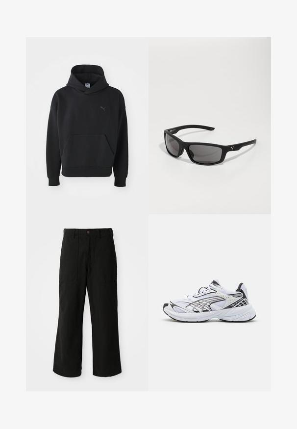 Hanorac negru cu glugă, fabricat dintr-un material moale, având un buzunar frontal și un logo subtil Puma în gri pe piept. Design casual cu manșete ribbed.; Pantaloni negri cu termen larg, realizați dintr-un material moale, cu buzunare frontale și închidere cu nasture la talie. Design minimalist, fără modele vizibile.; Șapcă albă de sport cu accente negre. Suport din plasă și sintetic, talpă groasă și design curbat. Prezintă un sistem de șireturi în față și detalii cu logo.; Ochelari de soare negri cu finisaj mat, cu lentile rectangulare și un accent vizibil al logo-ului pe tamplă. Lentile polarizate, protecție UV.