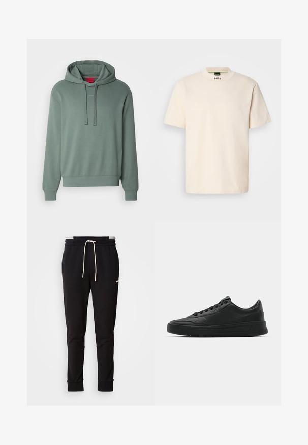 Zielona bluza z kapturem, wykonana z miękkiej mieszanki bawełny, z regulowanym kapturem, nadrukowanym logo z przodu oraz ściągaczami na mankietach i u dołu. Prosty, luźny fason.; Kremowa koszulka z krótkim rękawem z wysokim kołnierzem, z nadrukiem "BOSS" w kolorze czarnym na przedniej części kołnierza oraz wewnętrznej metce.; Czarne slim-fit joggery z białym sznurkiem, ściągaczami u dołu i dyskretnym logo na górnej części uda na jednolitym tle.; Czarny sneakers z gładkiej skórzanej cholewce, okrągłym nosku, płaskimi sznurówkami, wyściółką kołnierza i minimalistycznym designie. Gumowa podeszwa z delikatnym wzorem bieżnika.
