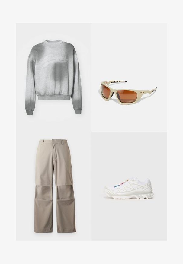 Světle šedá zkrácená mikina s texturovaným povrchem, kulatým výstřihem a žebrovanými manžetami. Na přední straně je jemné tonální logo.; Beige kalhoty s širokými nohavicemi vyrobené z hladké látky, s velkými náprsními kapsami a ležérním designem, s hladkým předním dílem a poutky na opasek.; Bílé sportovní boty s texturovaným síťovaným svrškem, reflexními akcenty a polstrovanou podešví. Výrazné logo značky na boku.; Béžové sportovní sluneční brýle s hnědými skly, aerodynamický design, texturované černé akcenty na stranách a ostré tvary.