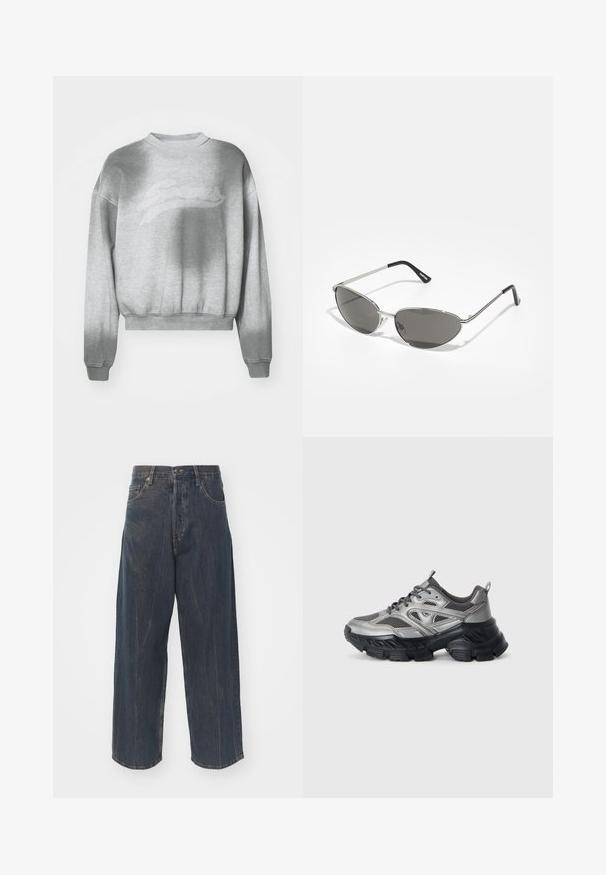 Light gray cropped sweatshirt with a textured finish, rounded neckline, and ribbed cuffs. Features a subtle tonal logo across the front.; Wide-leg dark blue denim jeans with subtle distressed texture, five pockets, and a classic button and zipper closure at the waist.; Silver and black athletic shoes with a chunky sole, mesh panels, and curved design. Features laces and a pull tab at the heel.; Sunglasses with a sleek, silver metal frame, gray tinted lenses, and an aerodynamic design featuring pointed edges and thin arms.