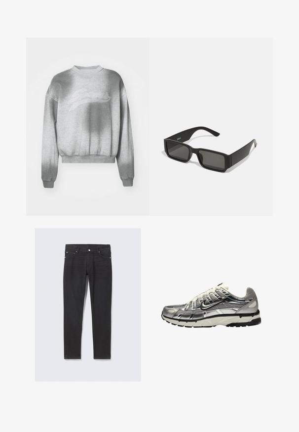 Felpa grigia chiara corta con finitura texture, scollatura arrotondata e polsini a costine. Presenta un logo sottile tonalità su tutto il fronte.; Jeans in denim nero con una vestibilità slim, dotati di tasche frontali, bottone di chiusura e dettagli di cucitura discreti lungo le cuciture laterali.; Scarpa atletica argento e nera con tomaia in mesh e sintetico, design voluminoso e finitura testurizzata. Presenta un colletto imbottito e suola in gomma.; Occhiali da sole neri con lenti rettangolari, montatura in plastica opaca e bordi dritti. Presentano il logo del marchio sulla parte interna del braccio.