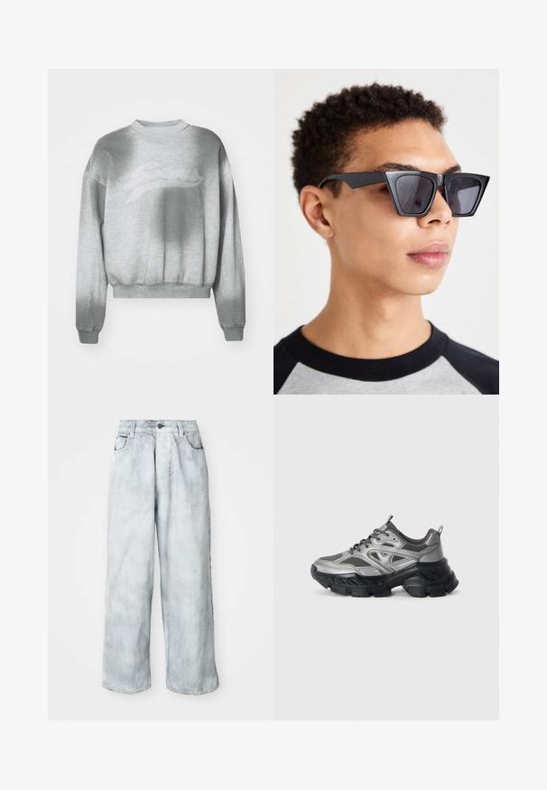 Felpa grigia chiara corta con finitura texture, scollatura arrotondata e polsini a costine. Presenta un logo sottile tonalità su tutto il fronte.; Jeans a gamba larga in denim chiaro con vita alta, chiusura frontale a bottone e zip, passanti per cintura e tasche anteriori e posteriori.; Scarpe sportive argento e nere con suola massiccia, pannelli in rete e design curvo. Presentano lacci e una linguetta sul tallone.; Occhiali da sole neri angolari con lenti scure, caratterizzati da un audace design geometrico e una finitura opaca. Indossati da una persona con capelli corti.