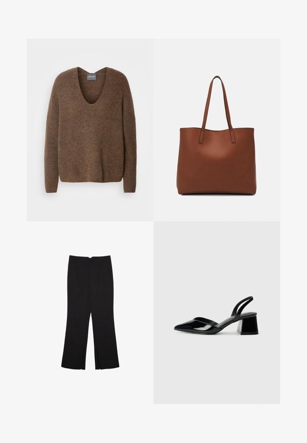 Rjav pleten pulover z globokim V-izrezom. Ima dolge rokave in sproščen kroj. Mehka tekstura in subtilen logotip na robu.; Črne hlače ravnega kroja z naglavnimi žepi in stranskimi razporki na robu. Narejene iz mehke, gladke tkanine. Primerne za različne priložnosti.; Črne lakirane slingback pete s koničastim nosom in geometrijsko blokasto peto. Imajo eleganten, minimalističen dizajn in gladko teksturo.; Rjava usnjena torba z gladko teksturo, odprto zasnovo zgoraj in dvema naramnima trakovoma. Opremljena je z minimalnim šivanjem in brez vidnih kovinskih delov.
