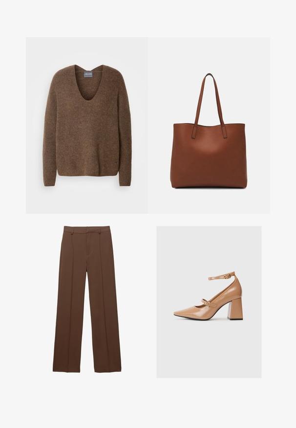 Brauner, gestrickter Pullover mit tiefem V-Ausschnitt. Verfügt über lange Ärmel und eine entspannte Passform. Weiche Textur und dezentes Markenlogo am Saum.; Braune, weit geschnittene Hose aus glattem Material; bietet gefütterte Vorderfalten und einen flachen Taillenbund mit Gürtelschlaufen.; Beige Lackleder-Pumps mit spitzem Zeh, einem Knöchelriemen und einem massiven Quadratabsatz. Glatte Textur mit glänzender Oberfläche.; Braune Leder-Tote mit glatter Textur, offenem Oberteil und zwei Schulterriemen. Verfügt über minimale Nähte und keine sichtbaren Beschläge.