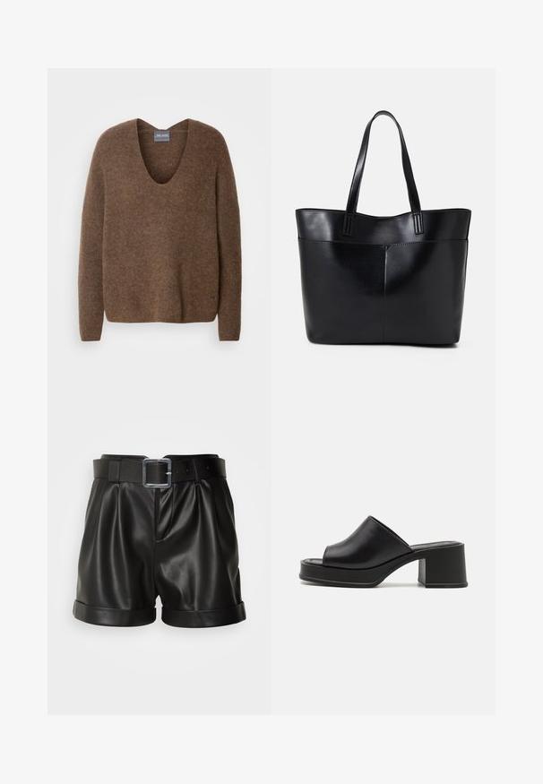 Brun, stickad tröja med djup V-ringning. Har långa ärmar och en avslappnad passform. Mjuk textur och subtilt märkesdetalj vid nederkanten.; Svarta lädershorts med en bred midjeband och en silverfärgad spänne. Har plisserad front och rullade ärmslut. Slät textur och skräddarsydd design.; Svarta läderplattformssandaletter med rund öppen tå, låg blockklack och slät yta. Minimalistisk design med eleganta linjer.; Svart läder tote-väska med två långa handtag, en slät yta och en strukturerad form. Har en framficka för extra förvaring.