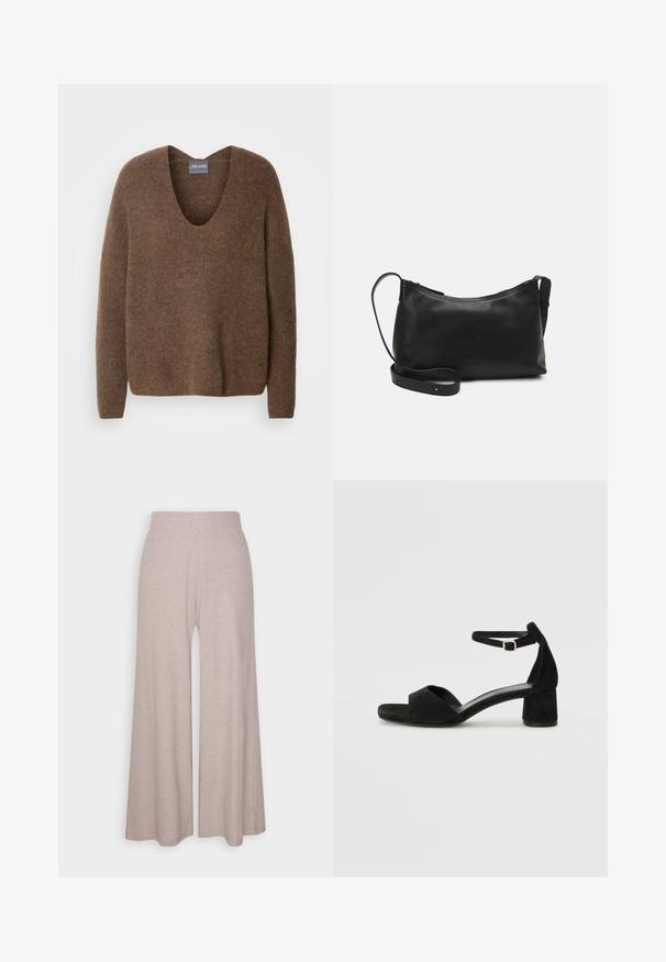 Maglione marrone lavorato a maglia con scollatura a V profonda. Presenta maniche lunghe e una vestibilità comoda. Texture morbida e dettaglio di branding discreto sull'orlo.; Pantaloni larghi grigi chiari realizzati in morbido tessuto a coste, con vita alta e gambe a lunghezza completa con una delicata texture.; Sandali con tacco in suede nero, con una sottile fascia alla caviglia, design open toe e un discreto tacco a blocco. Texture liscia e decorazioni minime.; Borsa a spalla in pelle nera con una texture liscia, forma curva, tracolla regolabile e chiusura con zip. Design minimalista senza ornamenti.