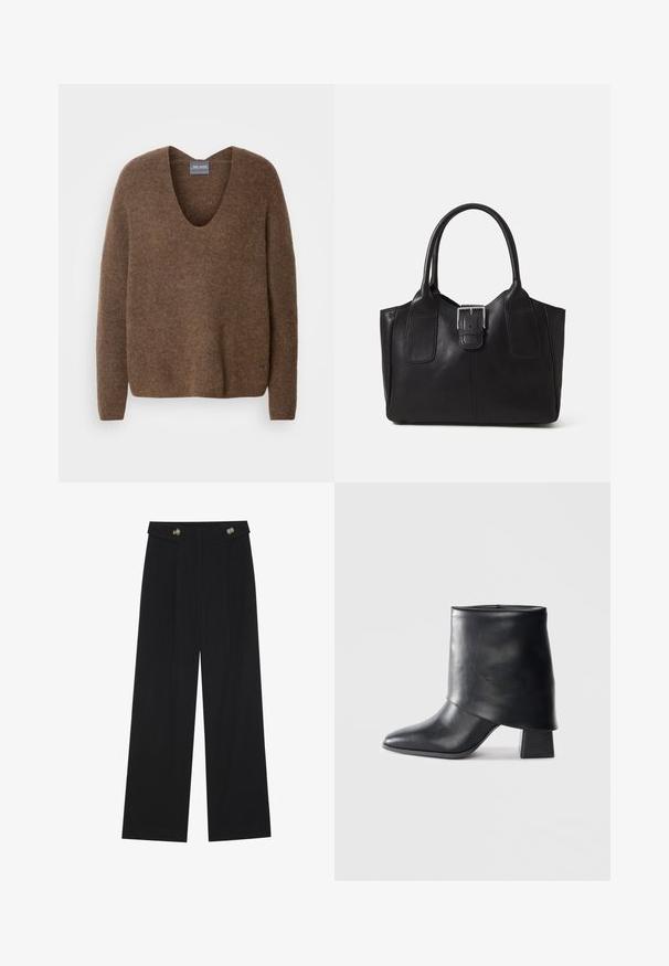 Smeđi pleteni pulover s dubokim V-izrezom. Ima duge rukave i opuštenu siluetu. Mekana tekstura i suptilan detalj s logotipom na rubu.; Crne hlače širokih nogavica s visokim strukom, s dugmadi na pojasu i prednjim nabora.; Crna kožna čizme do gležnja sa šiljastim prstom, glatke teksture i strukturiranim blok petom. Ima visoki, preklopljeni dizajn manžetne.; Crna kožna torba za nošenje s glatkom teksturom, strukturiranim oblikom, dvije ručke i istaknutim srebrnim kopčanjem na prednjoj strani.